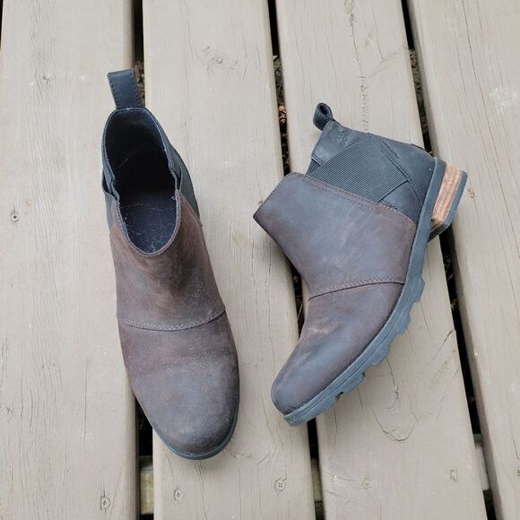 Sorel Emelie Blackened Brown Oiled Leather Waterproof Chelsea Ankle Boots Bootie - Picture 2 of 9